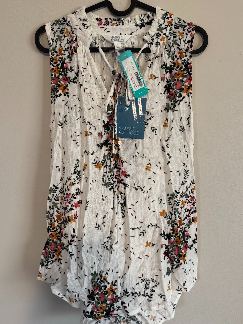 Market & Spruce - Size Small - Ava Tie Neck Sleeveless Top - White w/ Floral